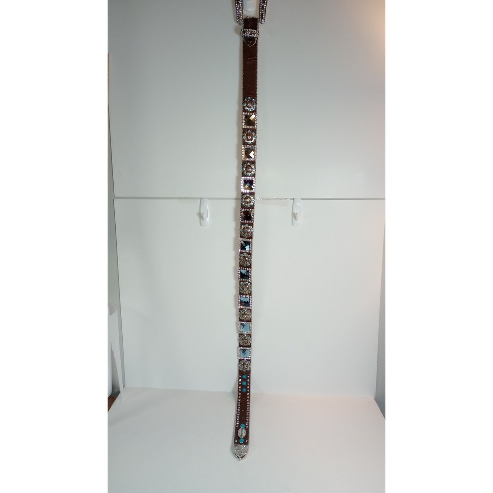 WB Atlas Brown Leather Blue Crystal Jeweled Western Belt Silver Buckle XL 48 - Picture 6 of 16